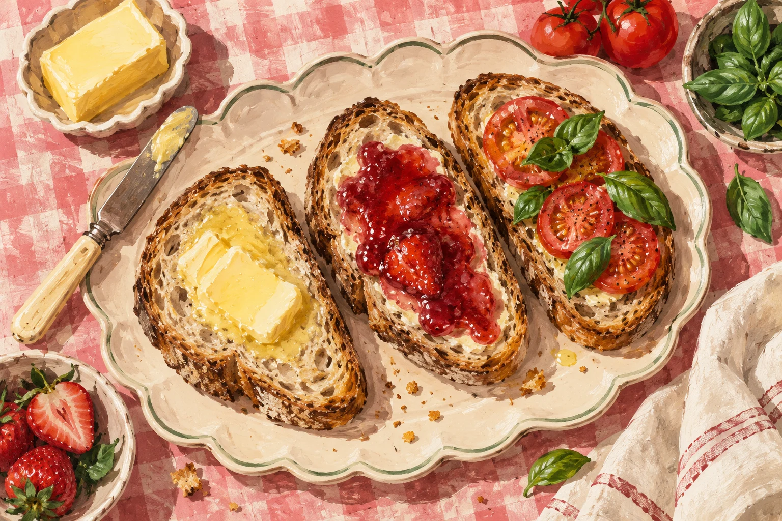 Illustrated sourdough serving inspiration with butter, jam, and tomatoes